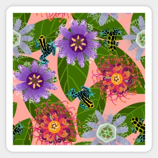 Pretty Poisons: Passionflowers and Poison Dart Frogs on Coral Sticker